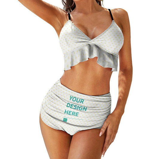 Customizable two-piece bikini set with ruffled edge. Featuring 'YOUR DESIGN HERE' text, available at MyArtsyGift.