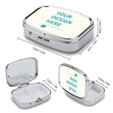Personalized metal pill box with 'YOUR DESIGN HERE' design, perfect for travel gifts.