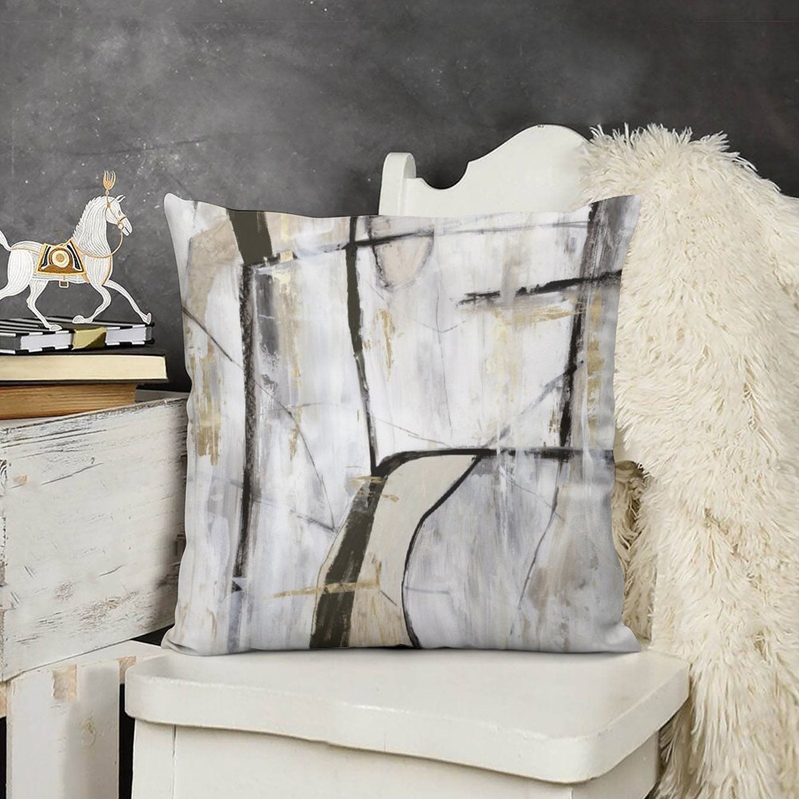 Luxury soft plush pillow cover with abstract geometric design, sofa, couch, living room decor, white, gray, and beige colors