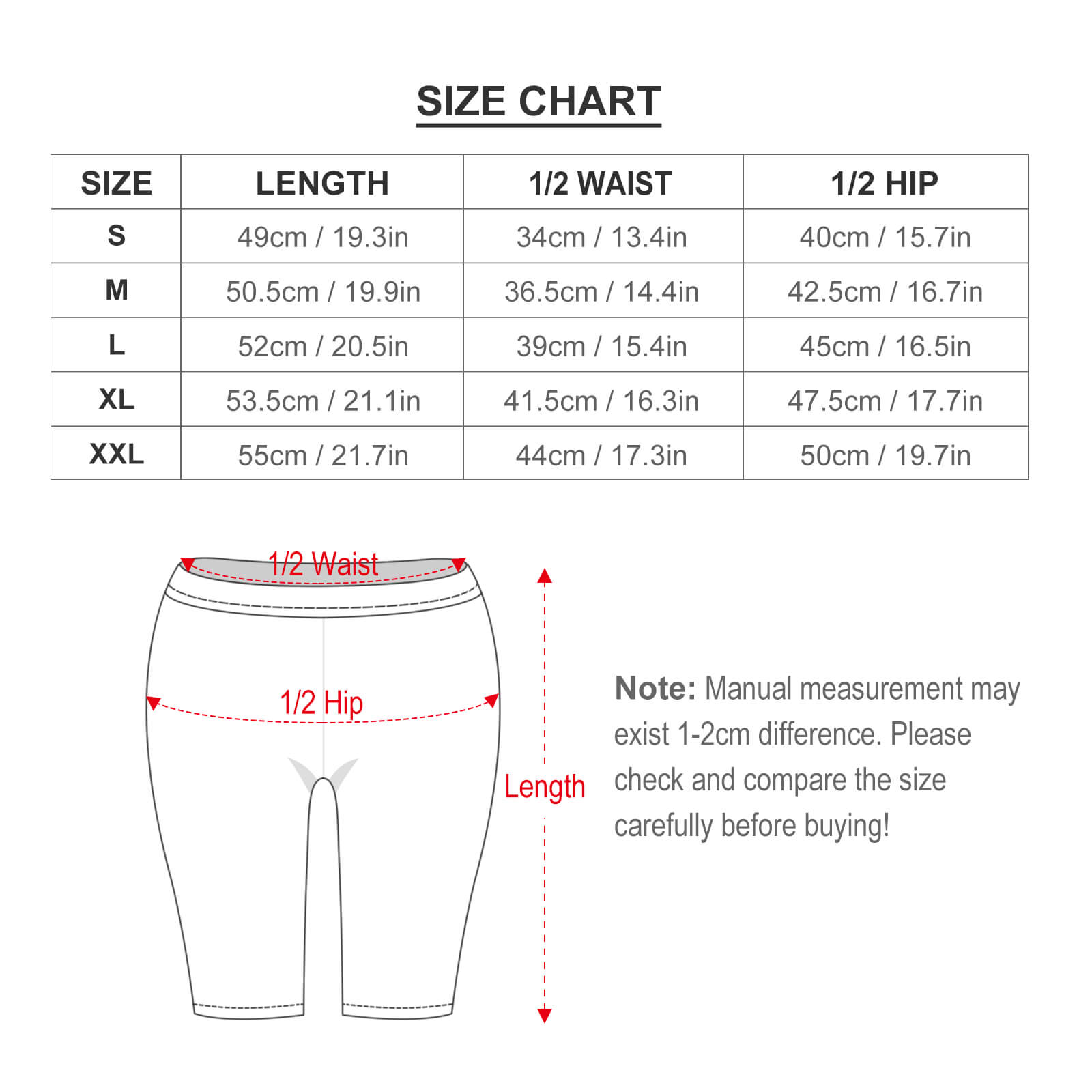 Yoga capri size chart: waist, hip, and length measurements for S-XXL. MyArtsyGift product.
