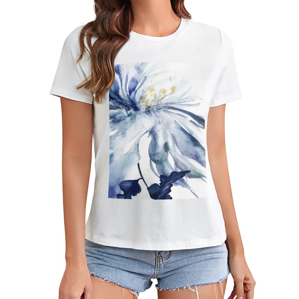 Women's white t-shirt with a watercolor blue floral print