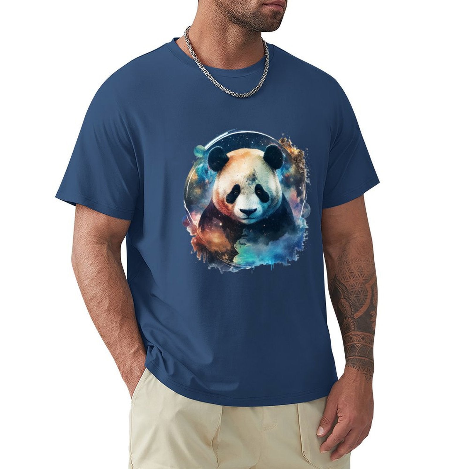 Men's navy blue crew neck t-shirt with panda bear graphic from MyArtsyGift, comfortable cotton tee.