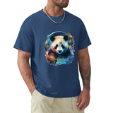 Men's navy blue crew neck t-shirt with panda galaxy art design, cotton tee, MyArtsyGift classic shirt