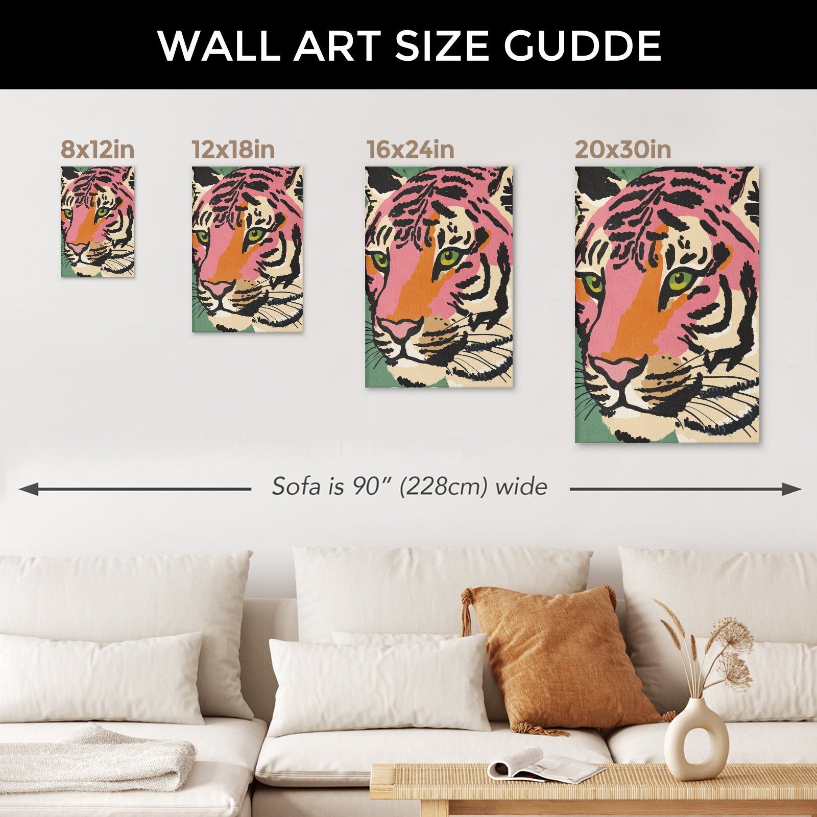 Tiger modern wall art canvas painting size guide, showcasing 8x12 to 20x30 inch sizes.