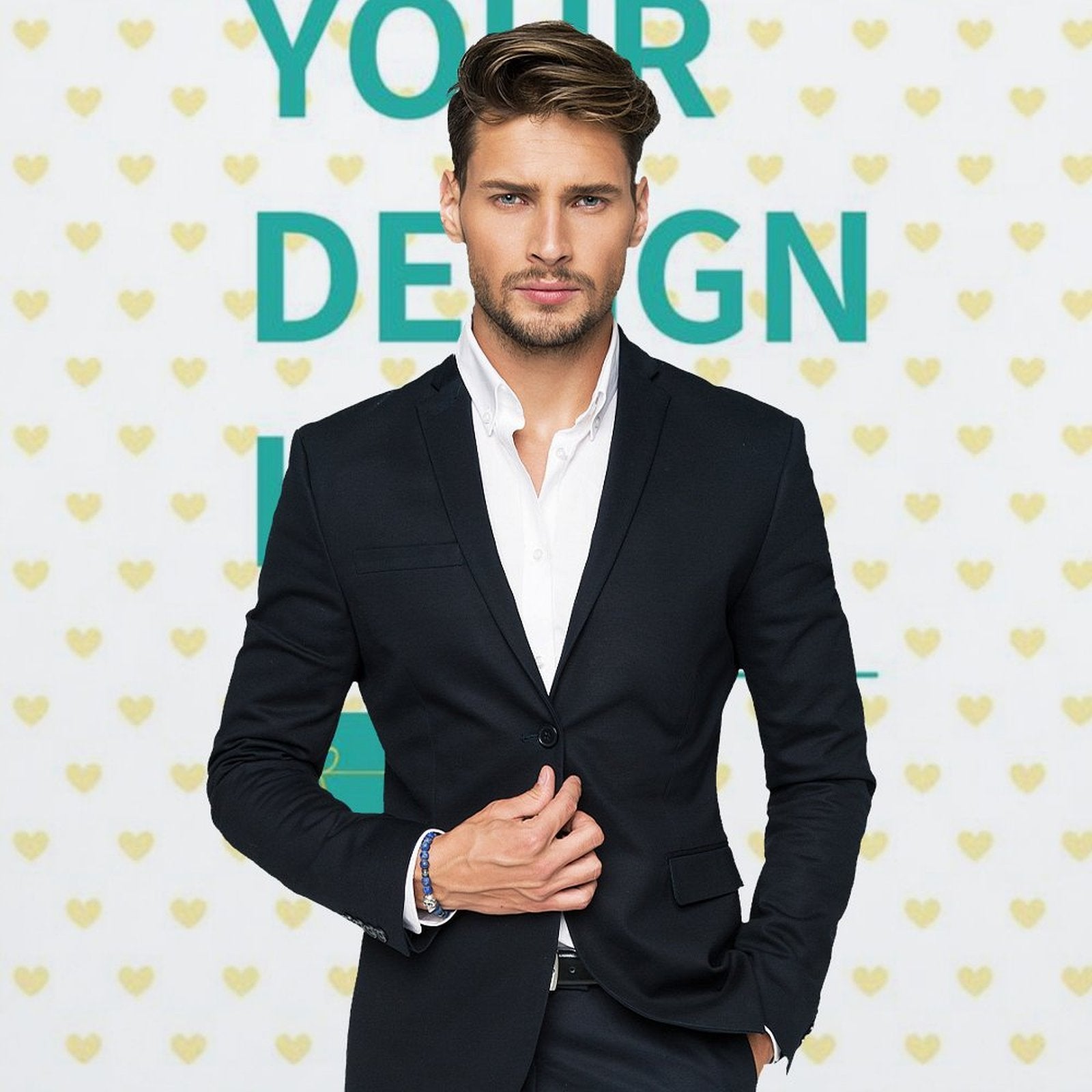 Custom photography cloth with your design, man in a suit. Personalized background for photo or video shoot.