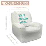 Customizable sofa couch cover with 'YOUR DESIGN HERE' design, includes size guide, heart pattern.
