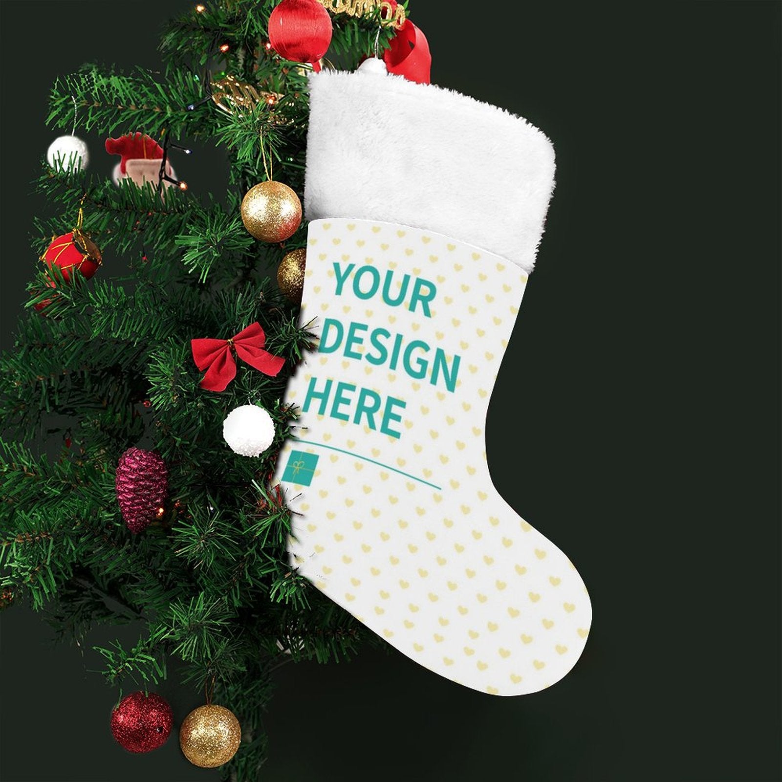 Customizable Christmas stocking with 'YOUR DESIGN HERE' text, perfect for personalized holiday gifts and Xmas decoration