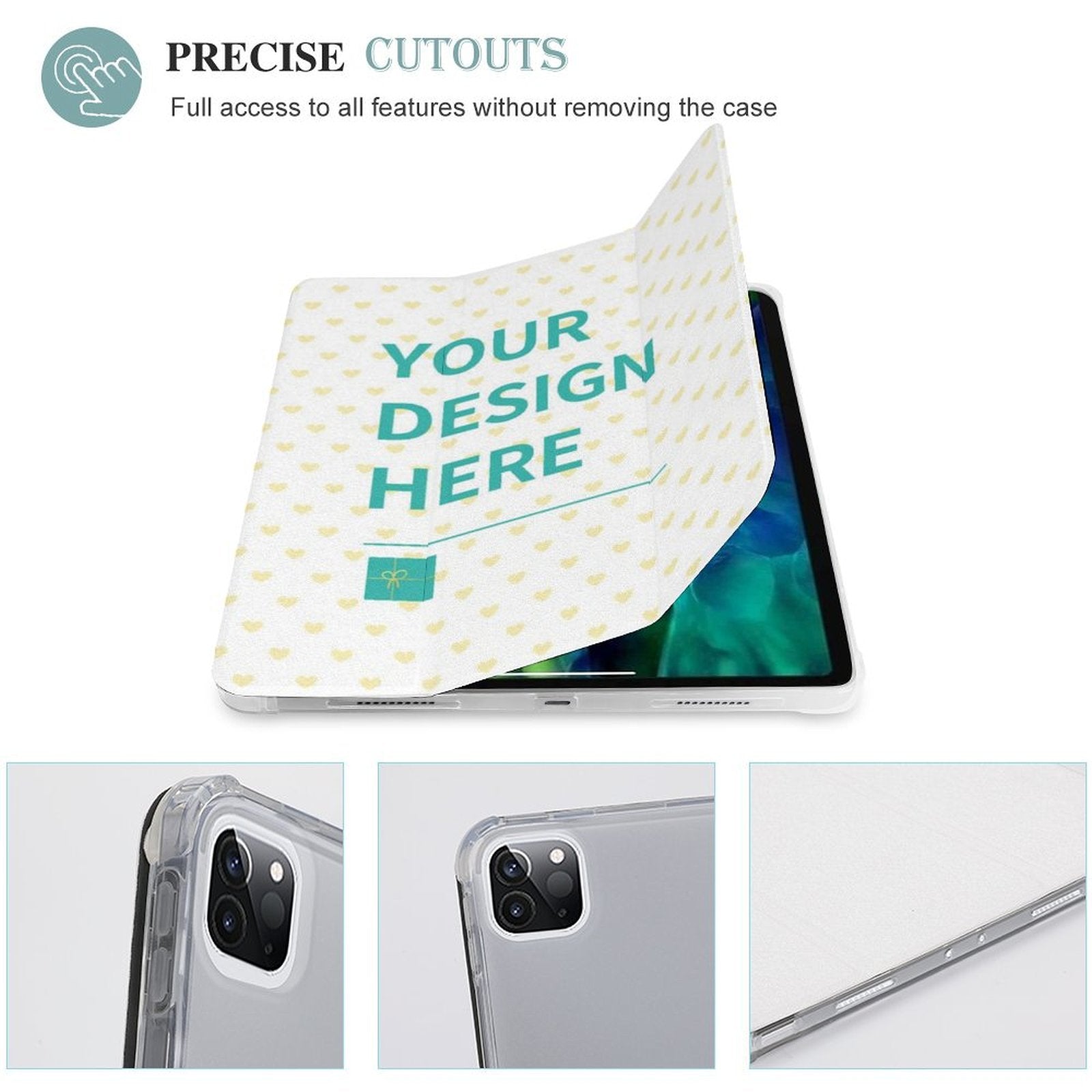 Custom iPad Pro 2021 Case, Personalized design with 'YOUR DESIGN HERE' text, protective with precise cutouts