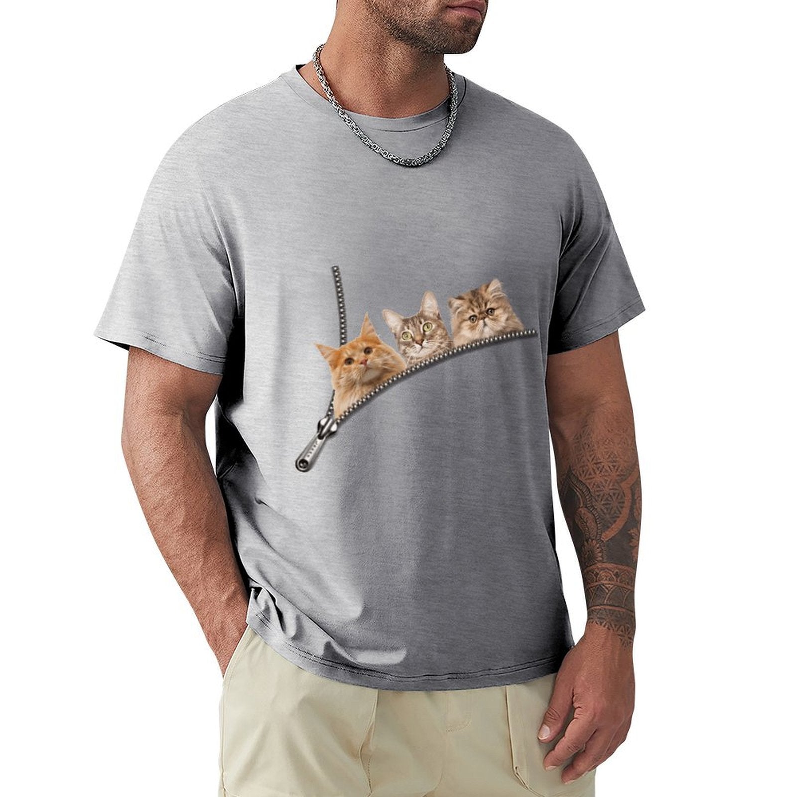 Men's gray t-shirt with cat zipper pocket design. Breathable cotton tee for men