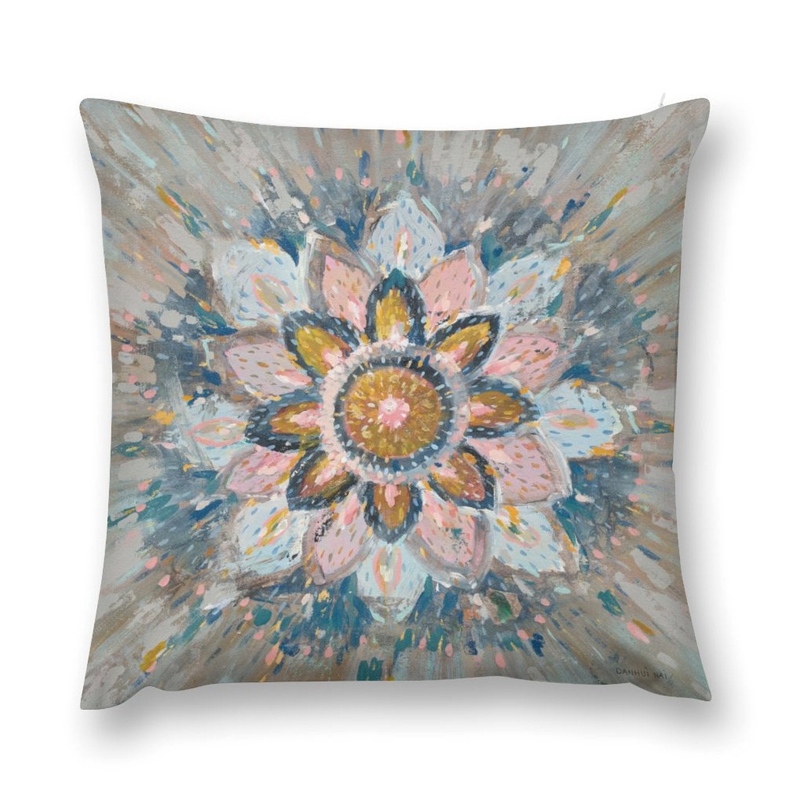 Abstract floral plush pillow cover in pink and blue. Soft and fluffy decorative pillow for sofa, couch and living room.