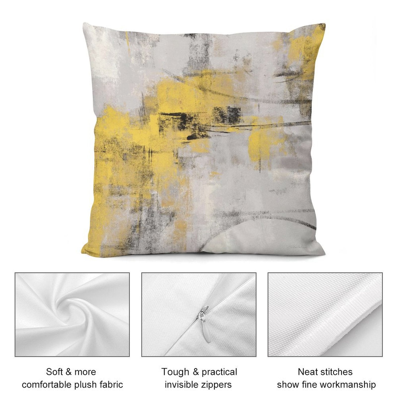 Abstract art pillow cover in yellow and gray, with soft plush fabric, invisible zippers, and neat stitching - MyArtsyGift