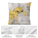 Abstract throw pillow cover in yellow, grey, and black. Soft, plush material with invisible zipper and neat stitching.