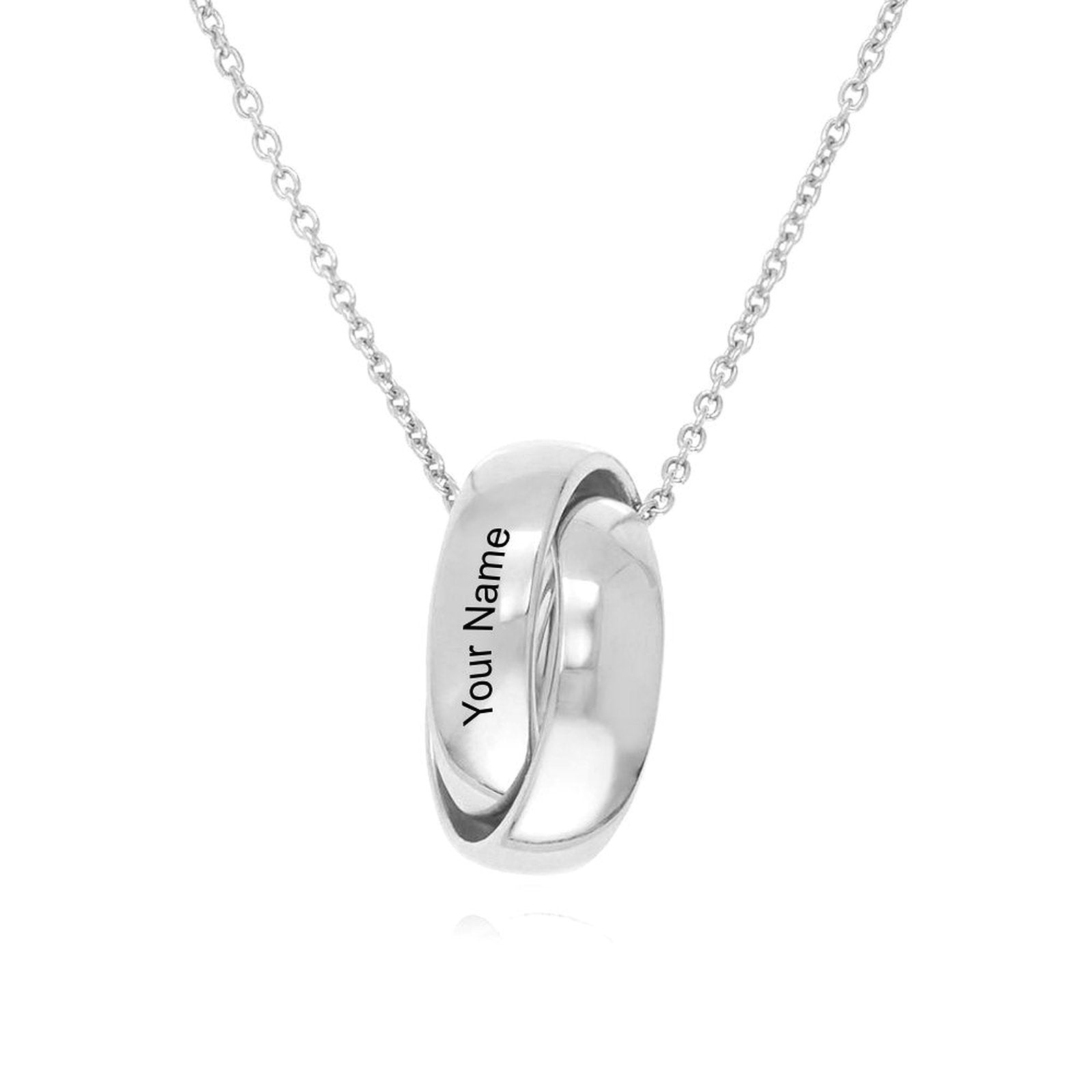 Personalized silver ring necklace engraved with Your Name, a perfect custom pendant jewelry gift for women and men