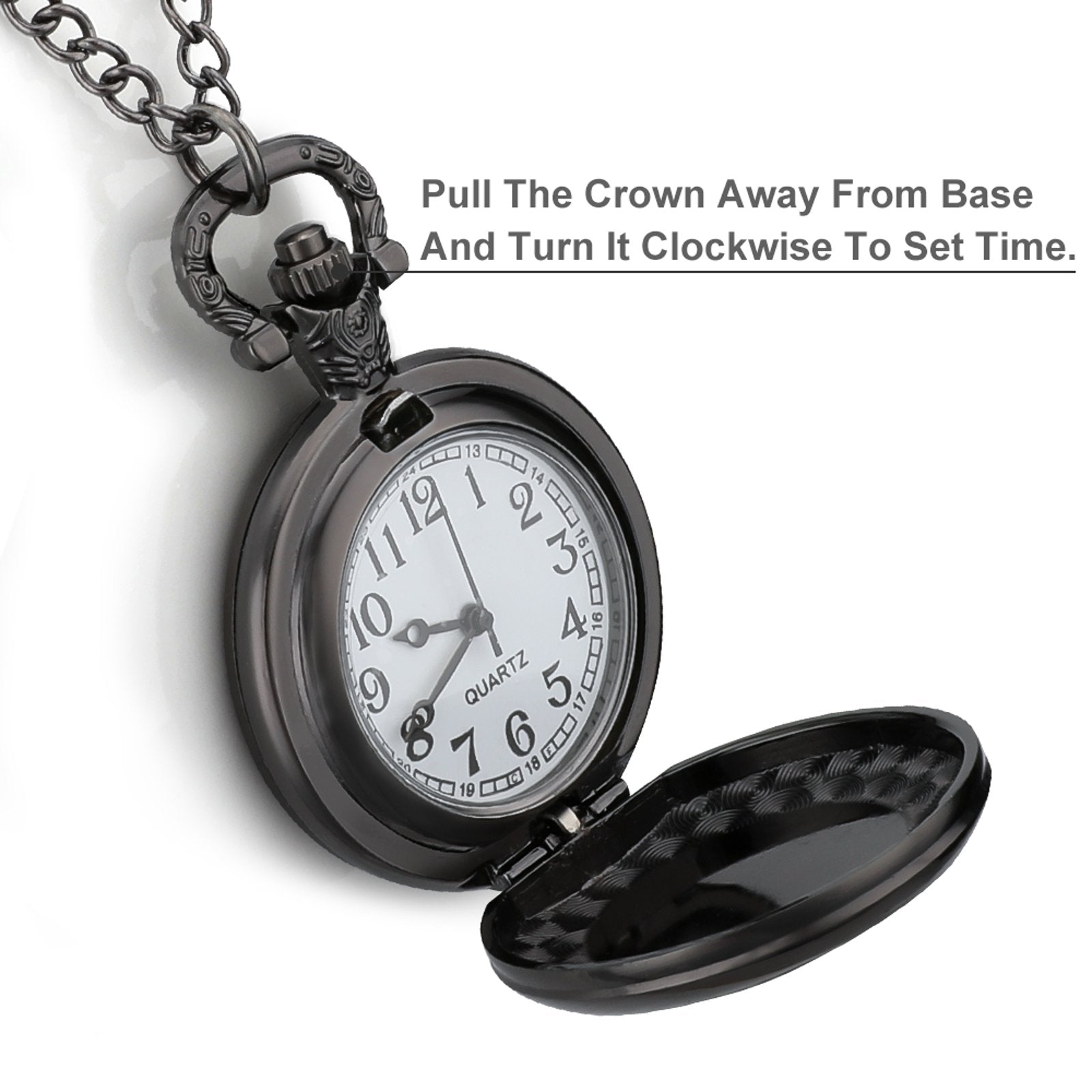 Black alloy pocket watch with open case, perfect birthday or anniversary gift, instruction included