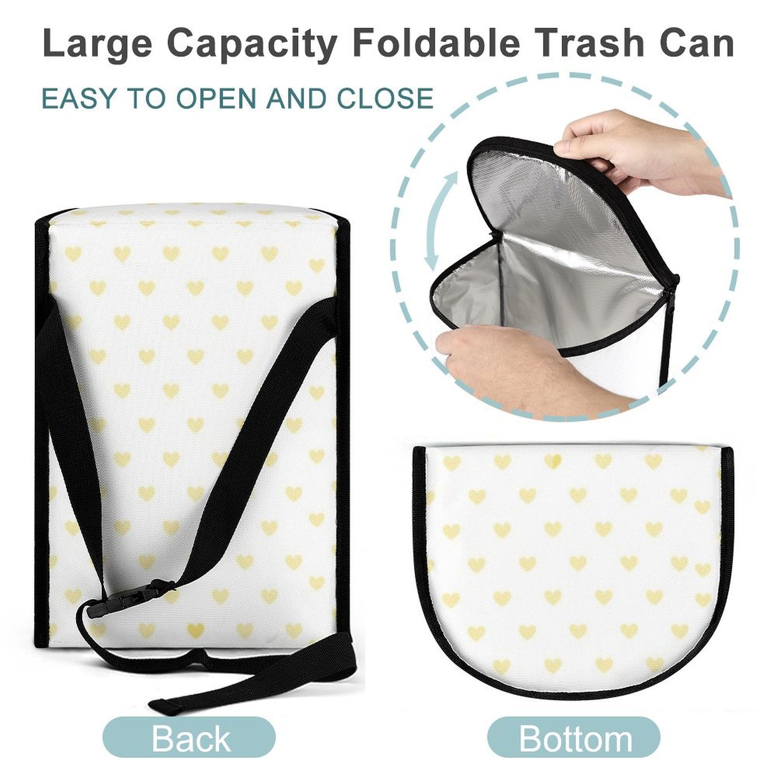 Foldable car trash can with heart pattern, polyester material, easy to open and close, car organizer storage box
