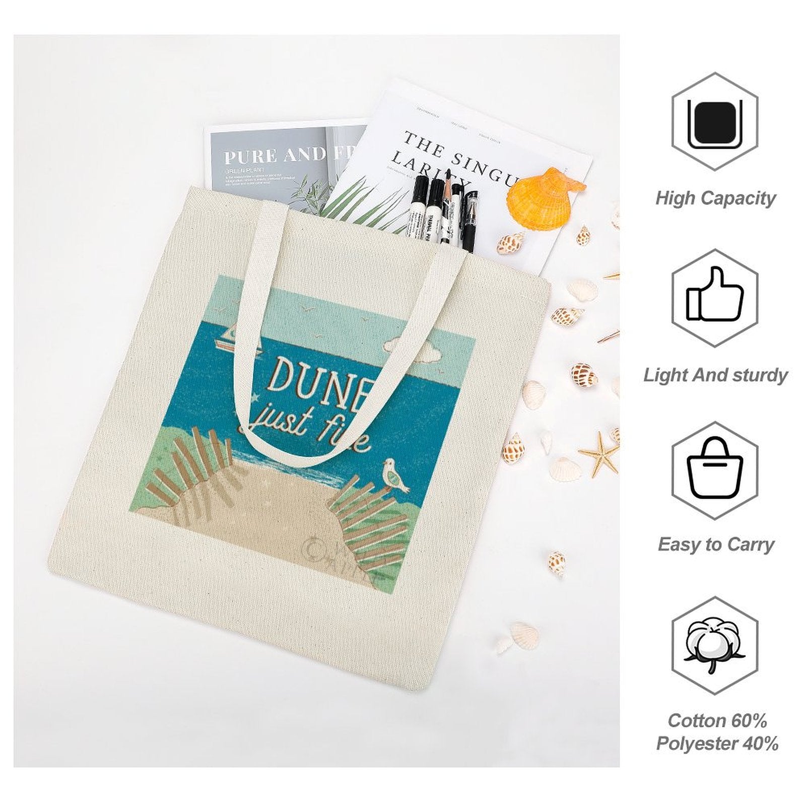 Personalized beach tote bag with "DUNE just fine" text; cotton canvas shopping bag, ideal for shopping, made in USA.