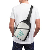 Customizable black sling bag with "YOUR DESIGN HERE" text, crossbody backpack for men and women