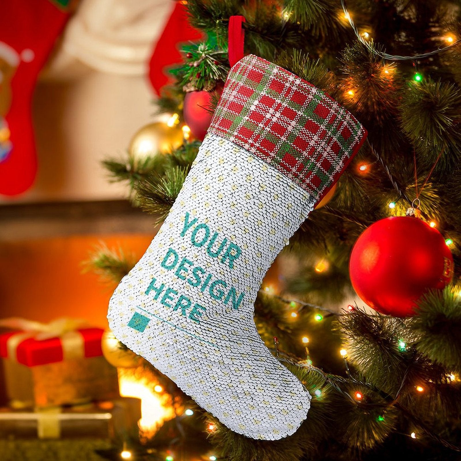 Personalized Sequin Christmas Stocking with Plaid Cuff and 'Your Design Here' text for Christmas Decorations
