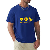 Blue men's crew neck t-shirt with Love Death & Cat design, cotton fabric, sizes S-6XL, comfortable and stylish