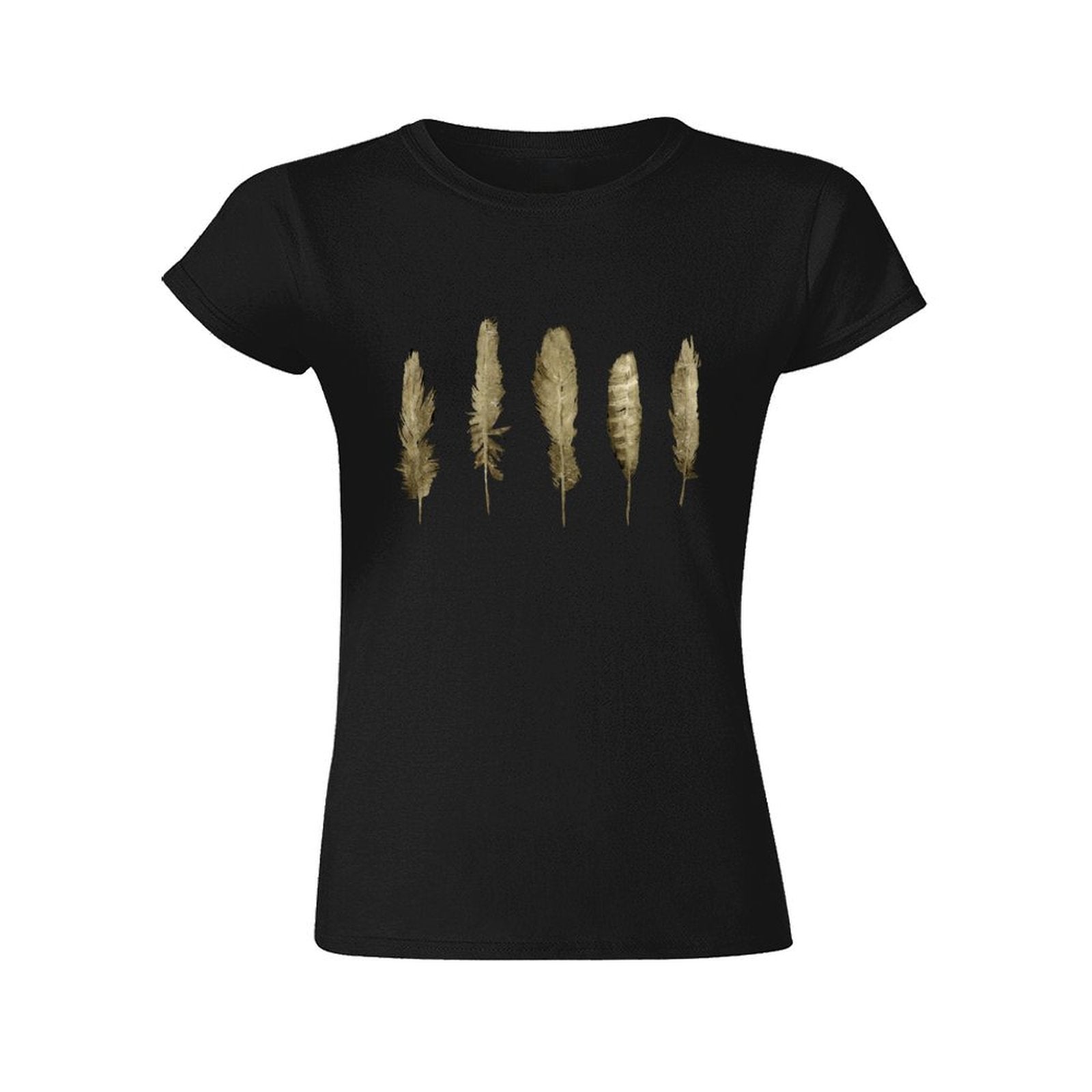 Black women's t-shirt with golden feather graphic print, casual style.