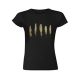 Black women's t-shirt with golden feather graphic print, casual style.