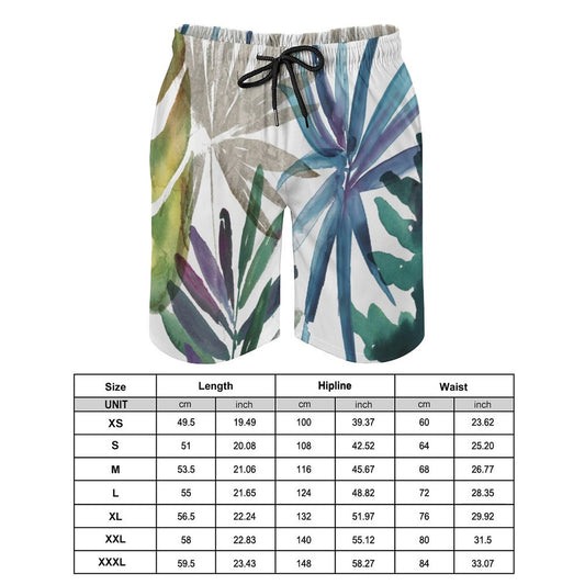 Men's Hawaiian swim trunks with leaf design, quick-dry fabric, and size chart.