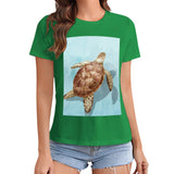 Green women's t-shirt with sea turtle graphic print. MyArtsyGift crewneck tee, summer fashion.