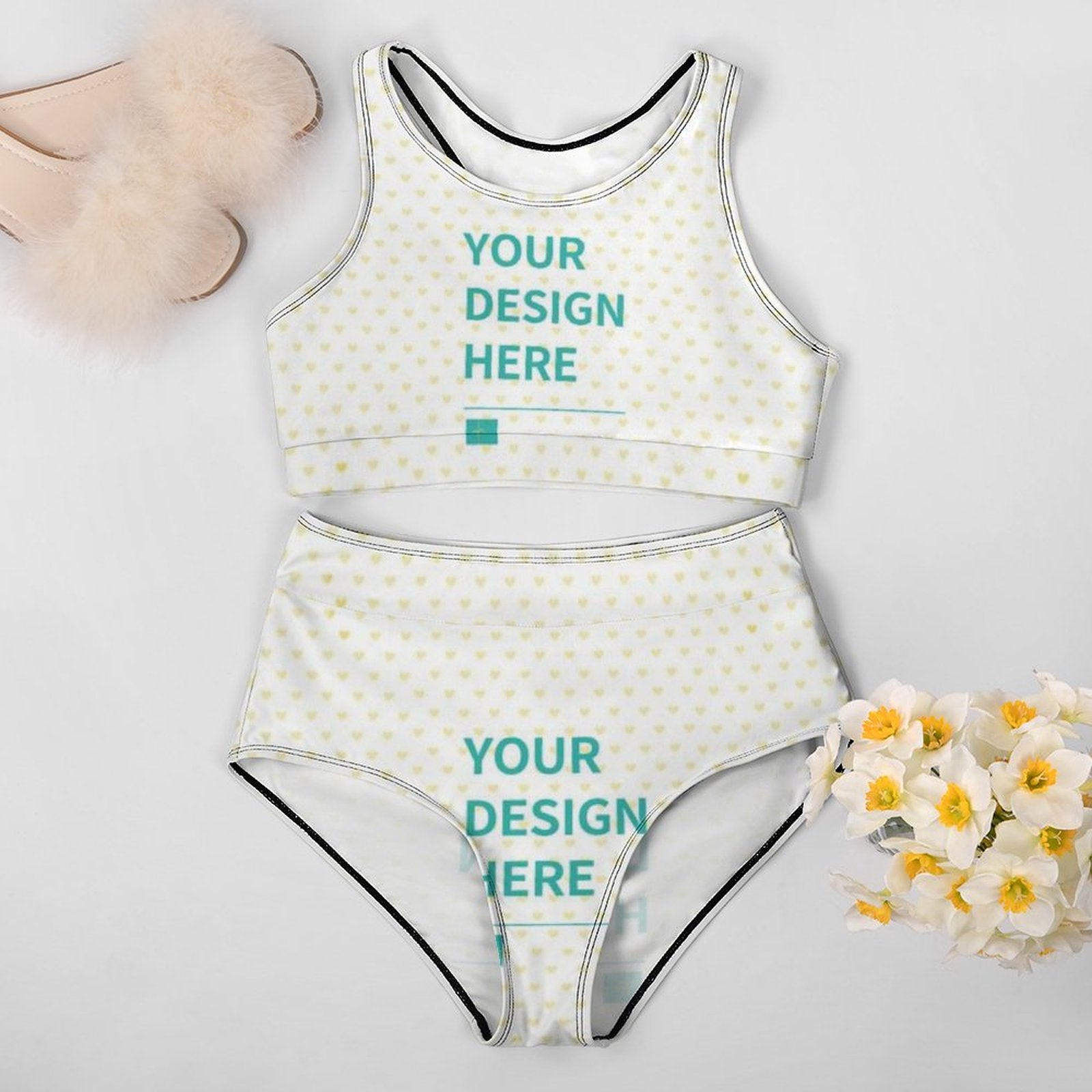 Custom high-waisted white bikini set with 'YOUR DESIGN HERE' text, perfect for summer and beach - MyArtsyGift