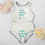 Custom high-waisted white bikini set with 'YOUR DESIGN HERE' text, perfect for summer and beach - MyArtsyGift