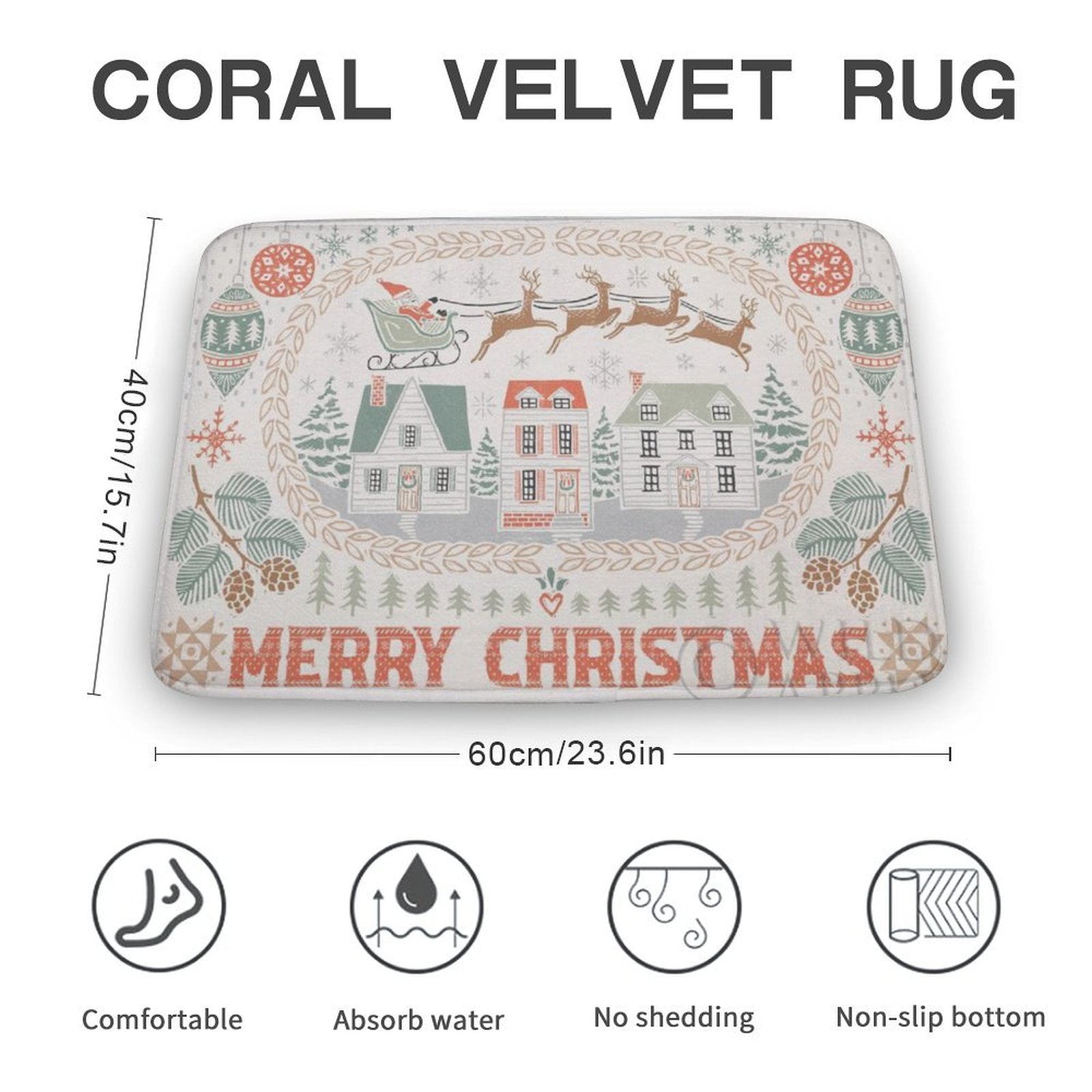 Coral velvet Christmas rug with non-slip, absorbent features for bathroom.