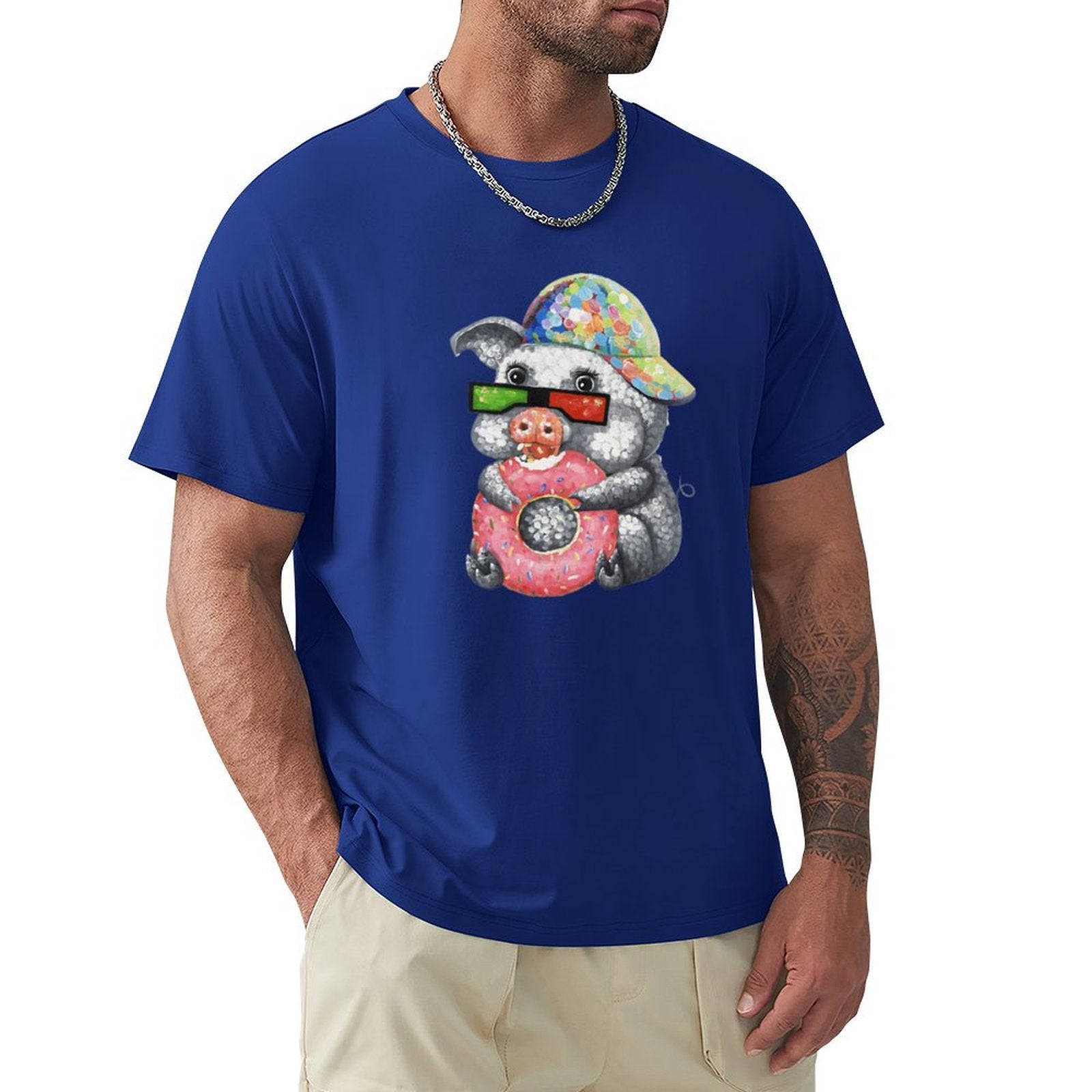 MyArtsyGift Men's blue crew neck t-shirt with pig graphic, casual tee, featuring comfort.