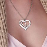 Personalized silver double heart pendant necklace with engraved names and crystal accents, custom jewelry for women