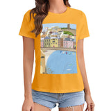 Women's yellow crewneck t-shirt with coastal town art print, perfect for MyArtsyGift shoppers.