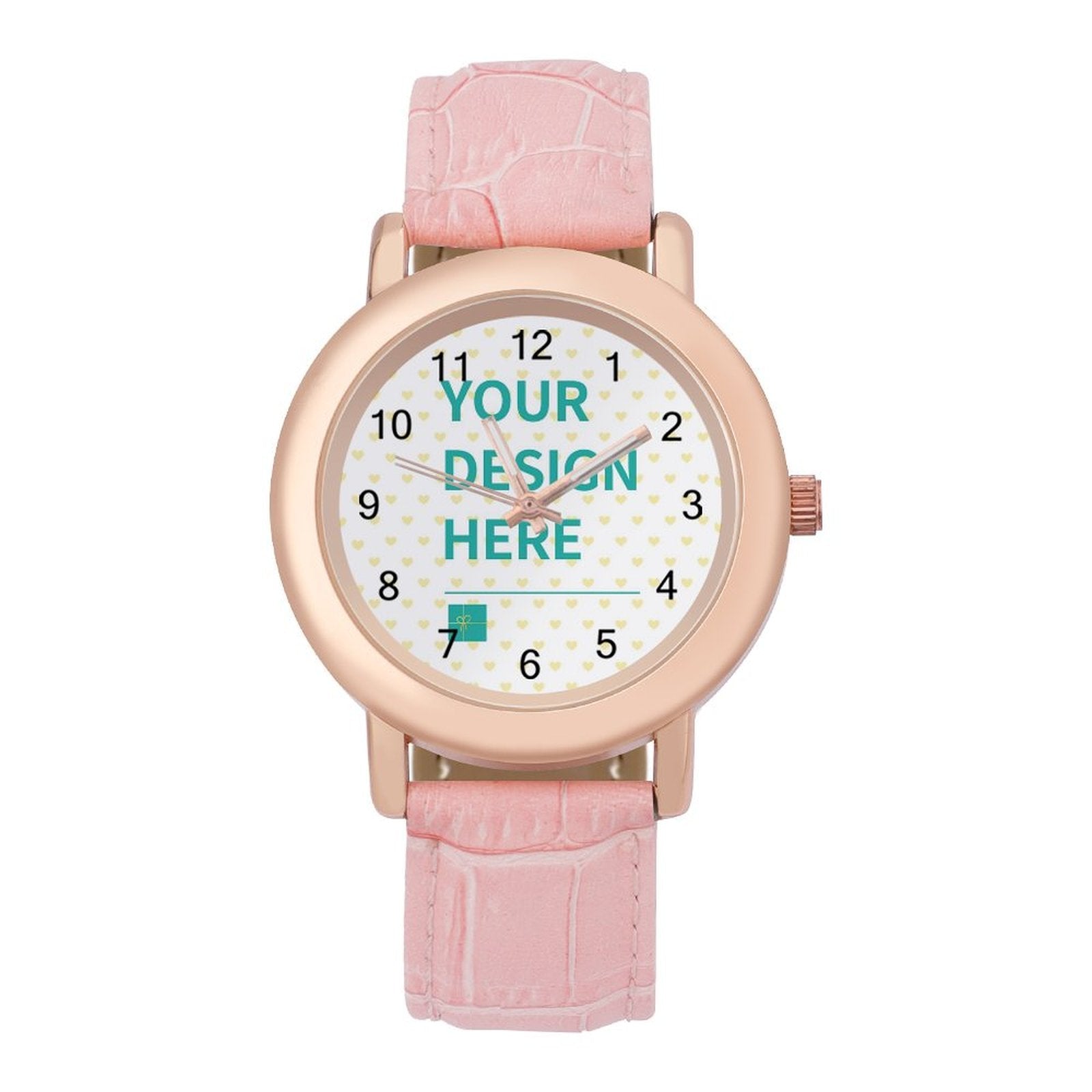 Custom leather band watch for women with pink strap and rose gold case, featuring 'YOUR DESIGN HERE' on dial.