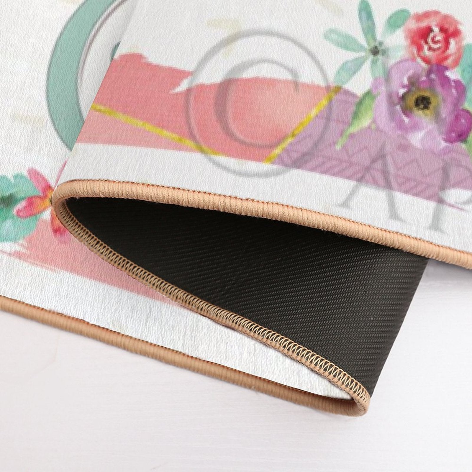 Personalized floral floor mat, washable rug with non-slip backing, bathroom decor.