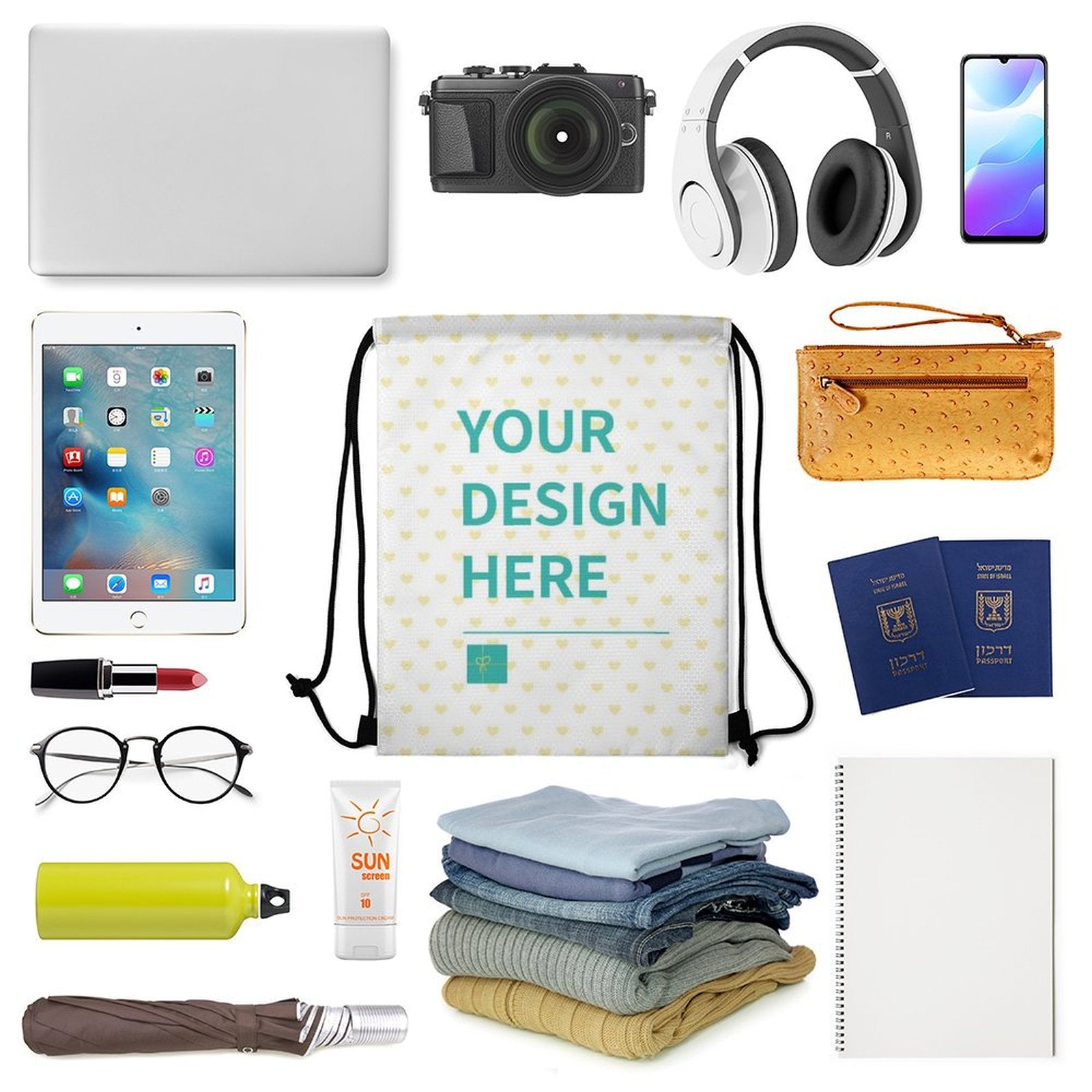 Customizable white honeycomb drawstring backpack with 'YOUR DESIGN HERE' for gym, travel, or sport.