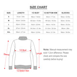 Women's turtleneck sweater size chart, including length, bust, bottom hem, and sleeve measurements for sizes S-XXL.