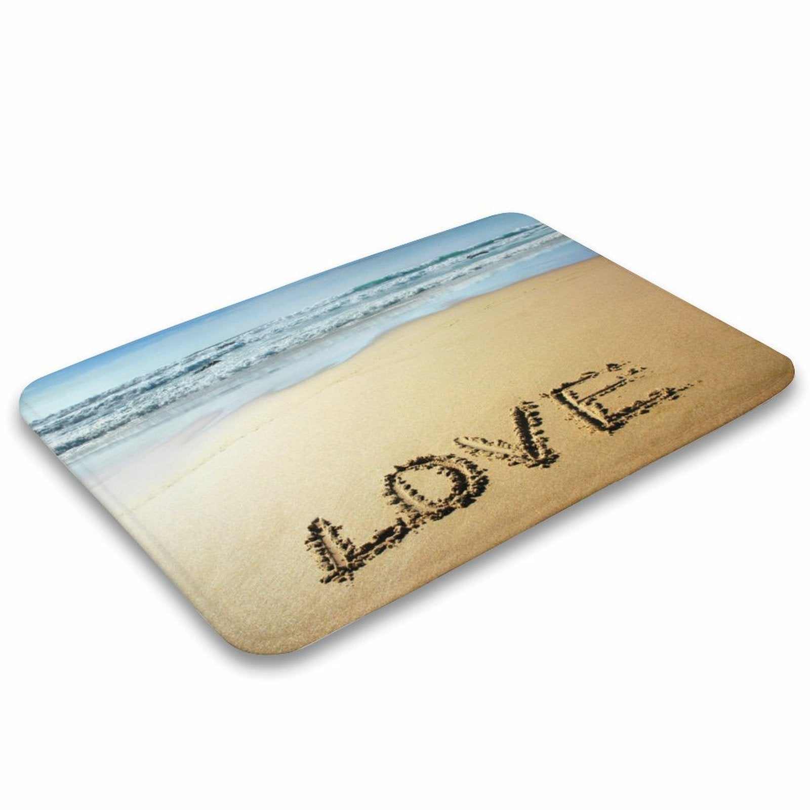 Coral velvet bath rug with beach scene and LOVE text, non-slip, quick-drying, MyArtsyGift product.