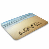 Coral velvet bath rug with beach scene and LOVE text, non-slip, quick-drying, MyArtsyGift product.