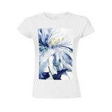 Women's white t-shirt with watercolor blue floral print design, crewneck style for MyArtsyGift.
