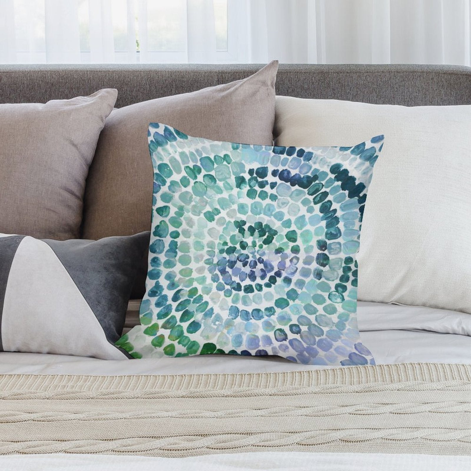 Blue and green spiral throw pillow cover. Soft, decorative pillow for sofa or couch.