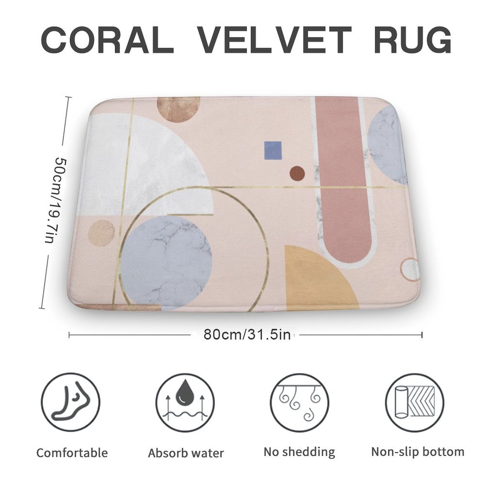 Coral velvet bathroom rug, non-slip, absorbent, with geometric design - MyArtsyGift