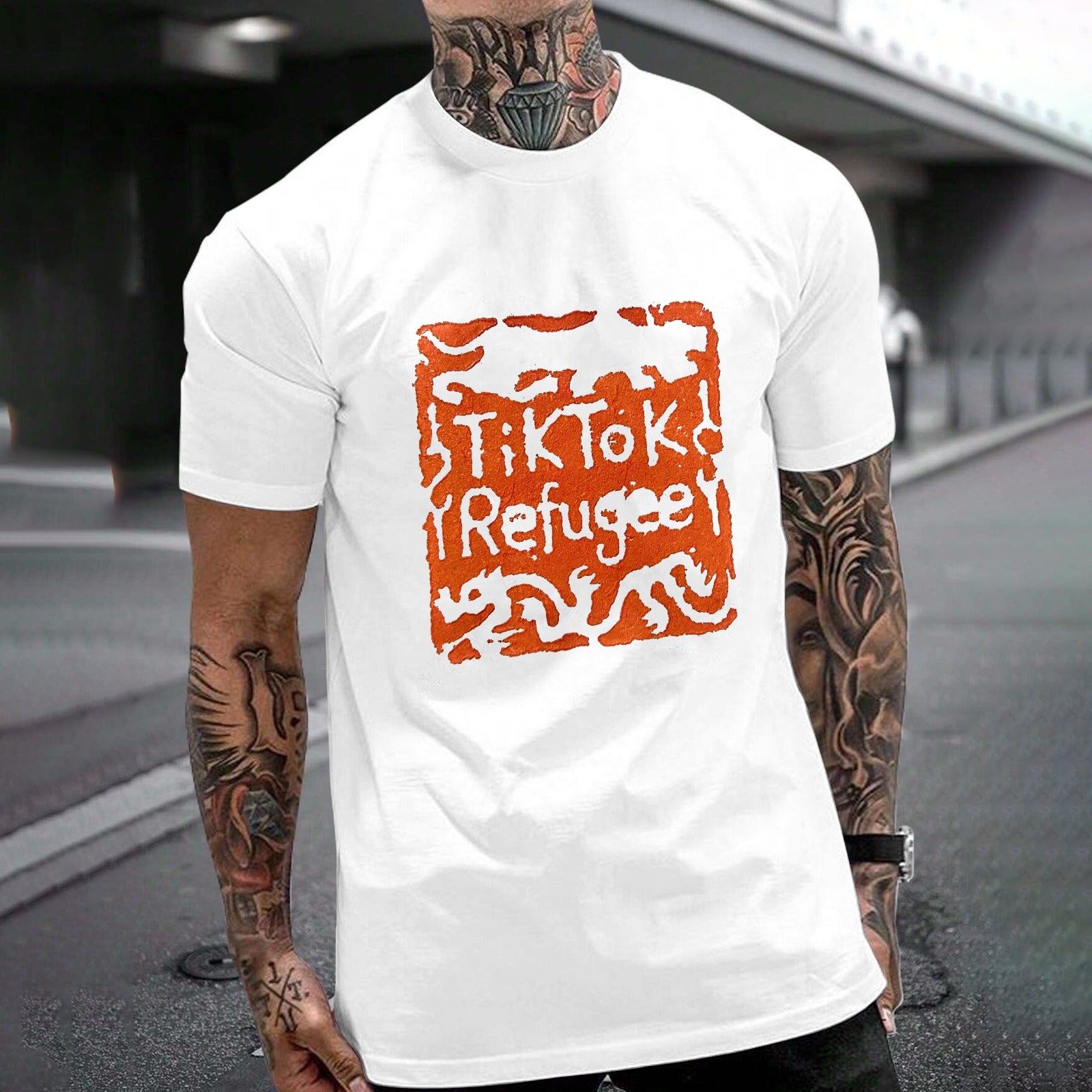 White Gildan unisex T-shirt with TikTok Refugee design; cotton fabric. Suitable for various activities.
