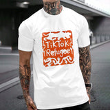 White Gildan unisex T-shirt with TikTok Refugee design; cotton fabric. Suitable for various activities.