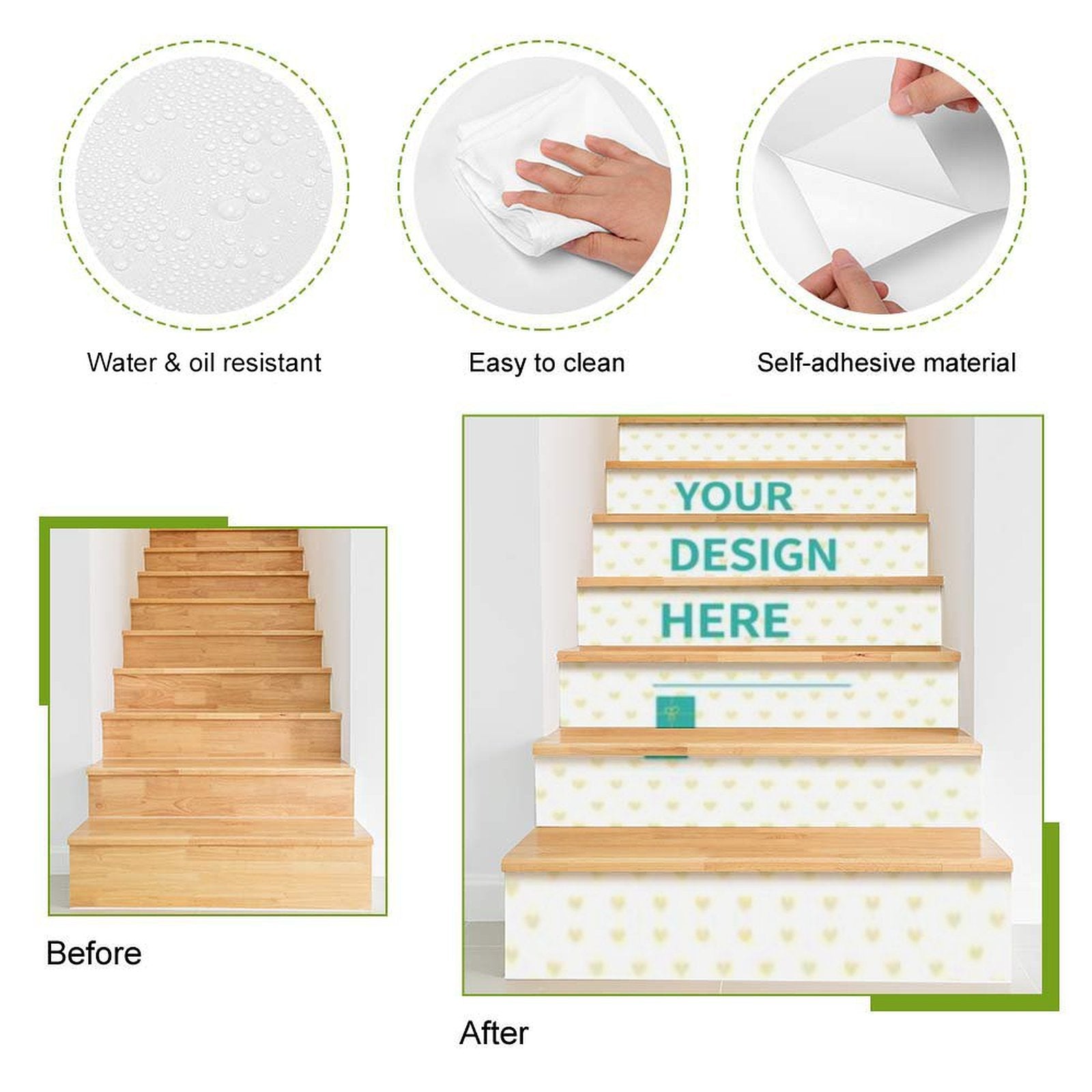 Custom stair stickers, personalized peel and stick stair riser decals, heart design, easy to clean, water and oil resistant