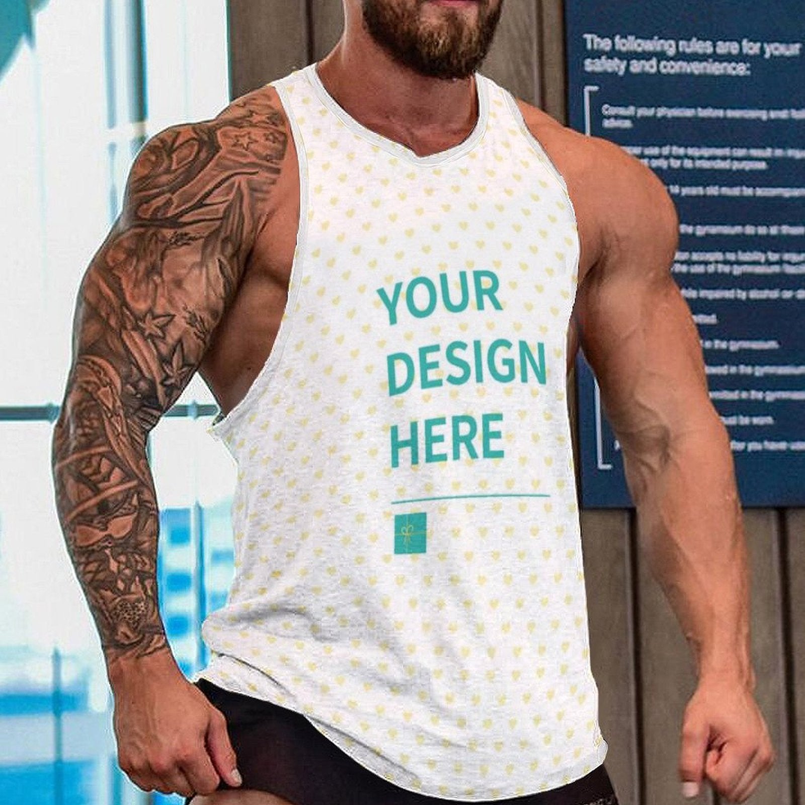 Custom men's cotton tank top with 'YOUR DESIGN HERE'. Sleeveless muscle tee for personalized gifts from MyArtsyGift.