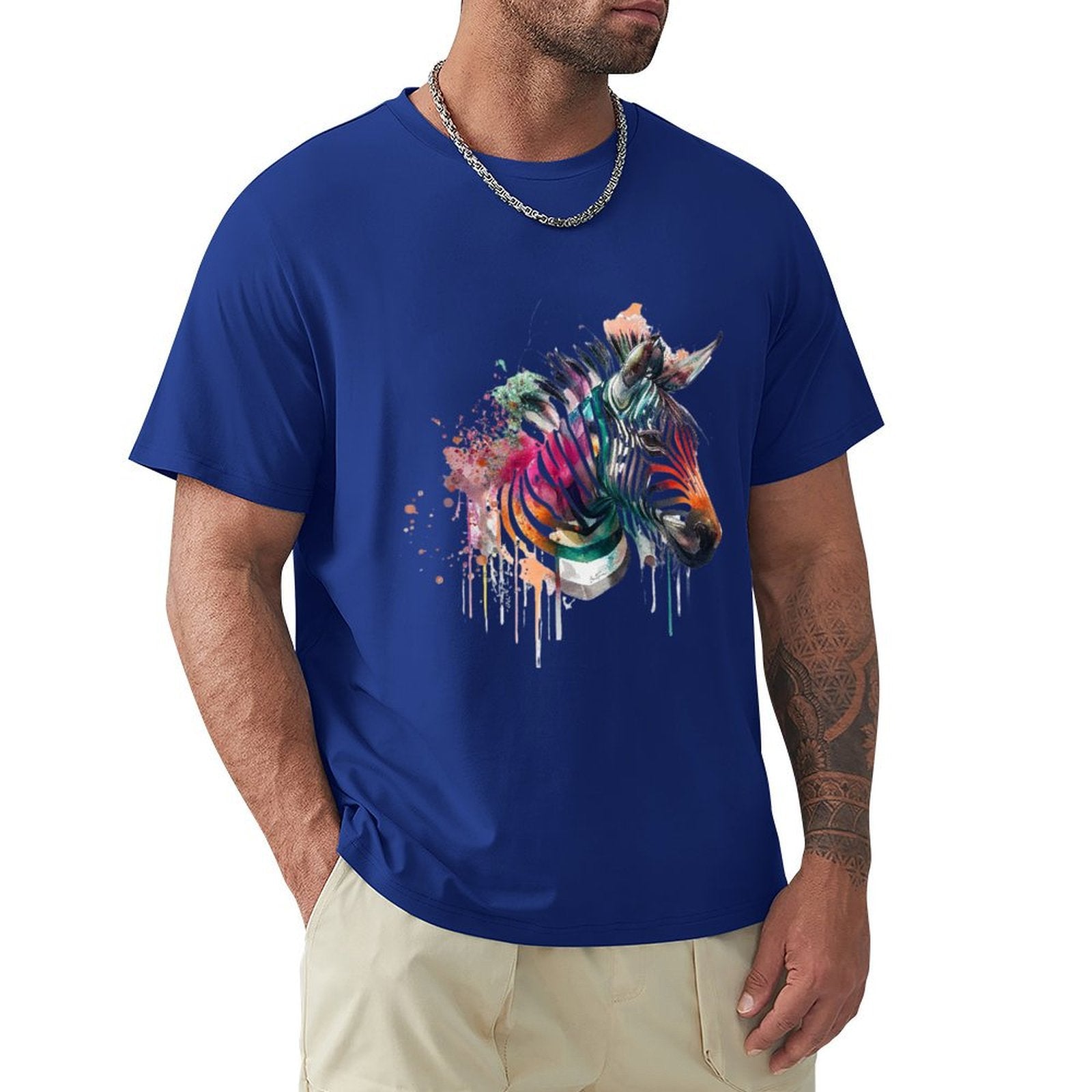 Men's royal blue t-shirt with watercolor zebra design, cotton crew neck tee