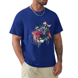 Men's royal blue t-shirt with watercolor zebra design, cotton crew neck tee