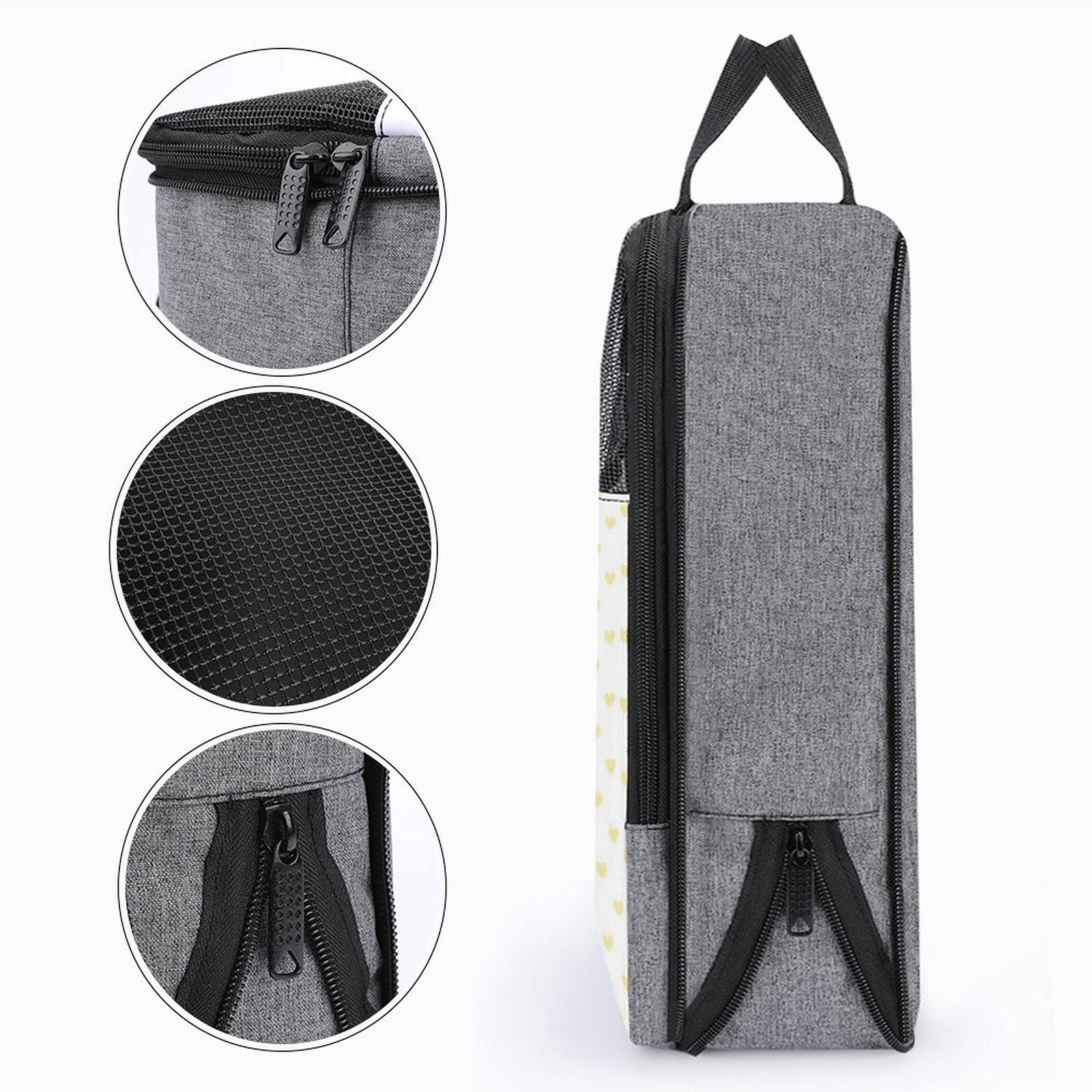 Gray snowflake fabric travel shoe bag with black zippers and handle, mesh window, portable shoes pouch for men and women