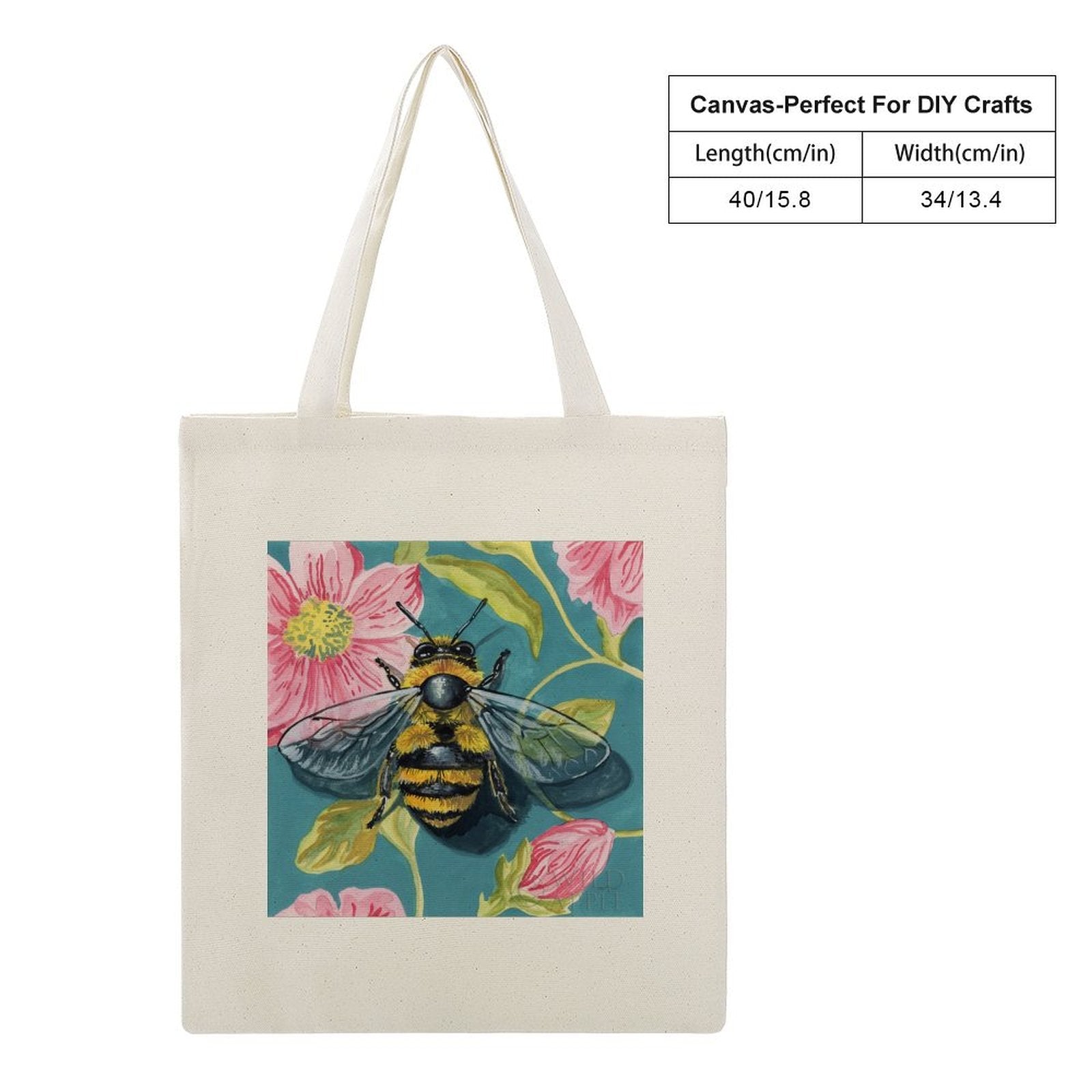 Personalized canvas tote bag with bee and floral design. Reusable cloth shopping bag.